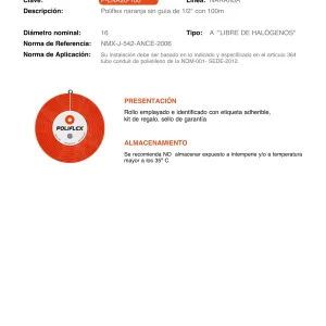 Poliflex naranja de 1/2" sin guía rollo de 100 metros