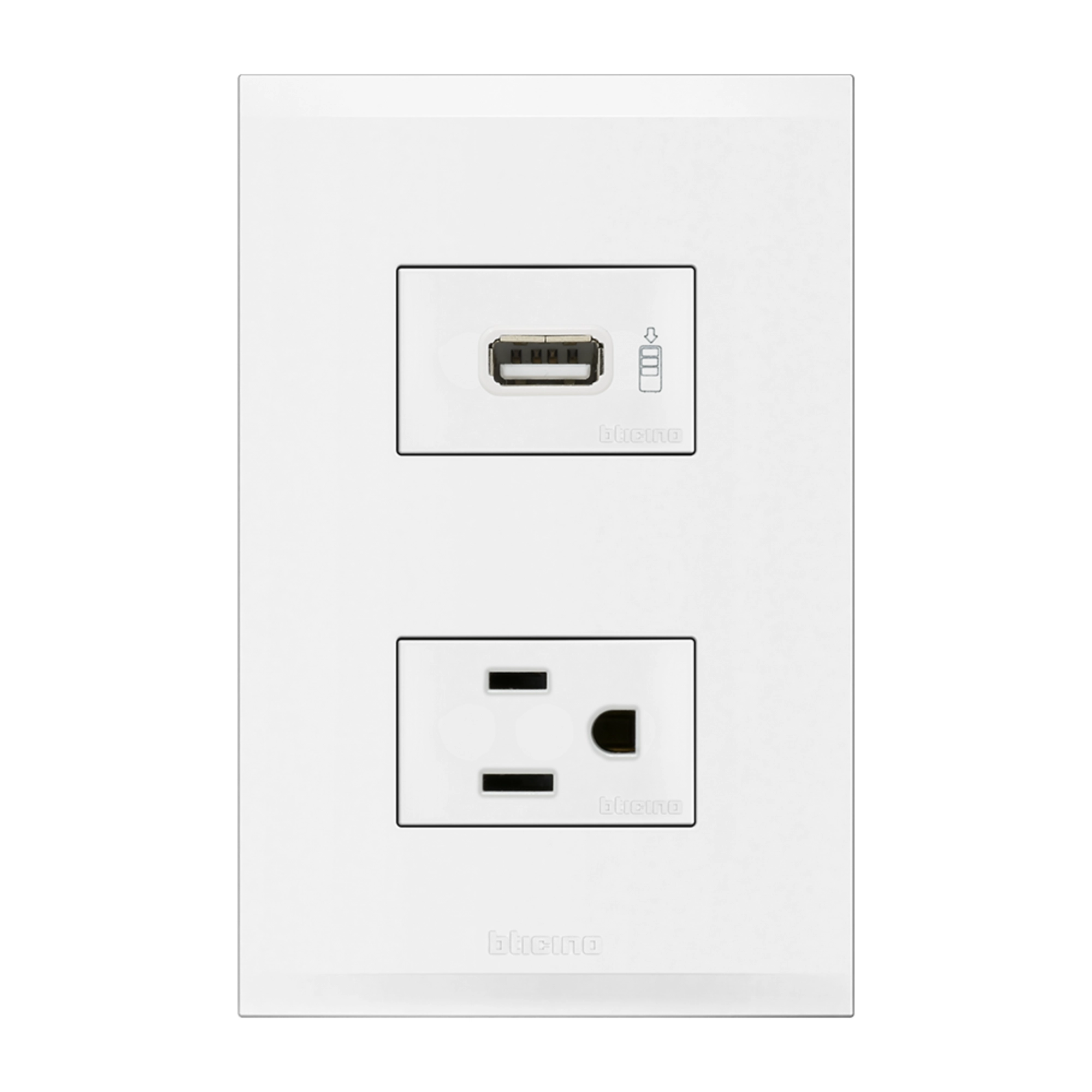 Placa con tomacorriente y cargador USB 127 V Forza 2 FZ2231USBB Bticino