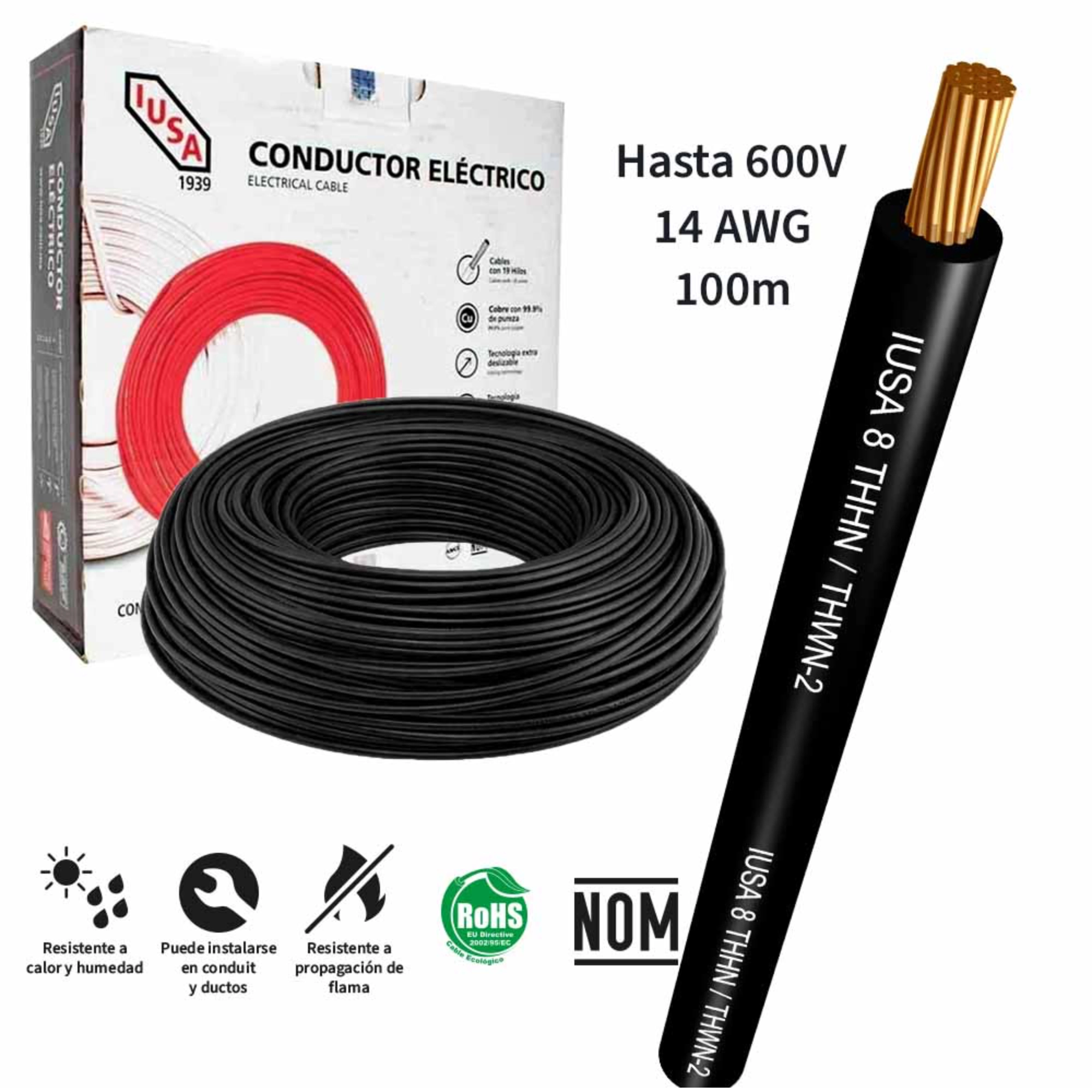 Cable de cobre THHW-LS 14 AWG negro 100 m IUSA 399318 ferreteria onofre