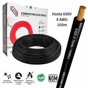 Cable eléctrico THHW-LS calibre 8 AWG negro rollo 100 m – IUSA 399350