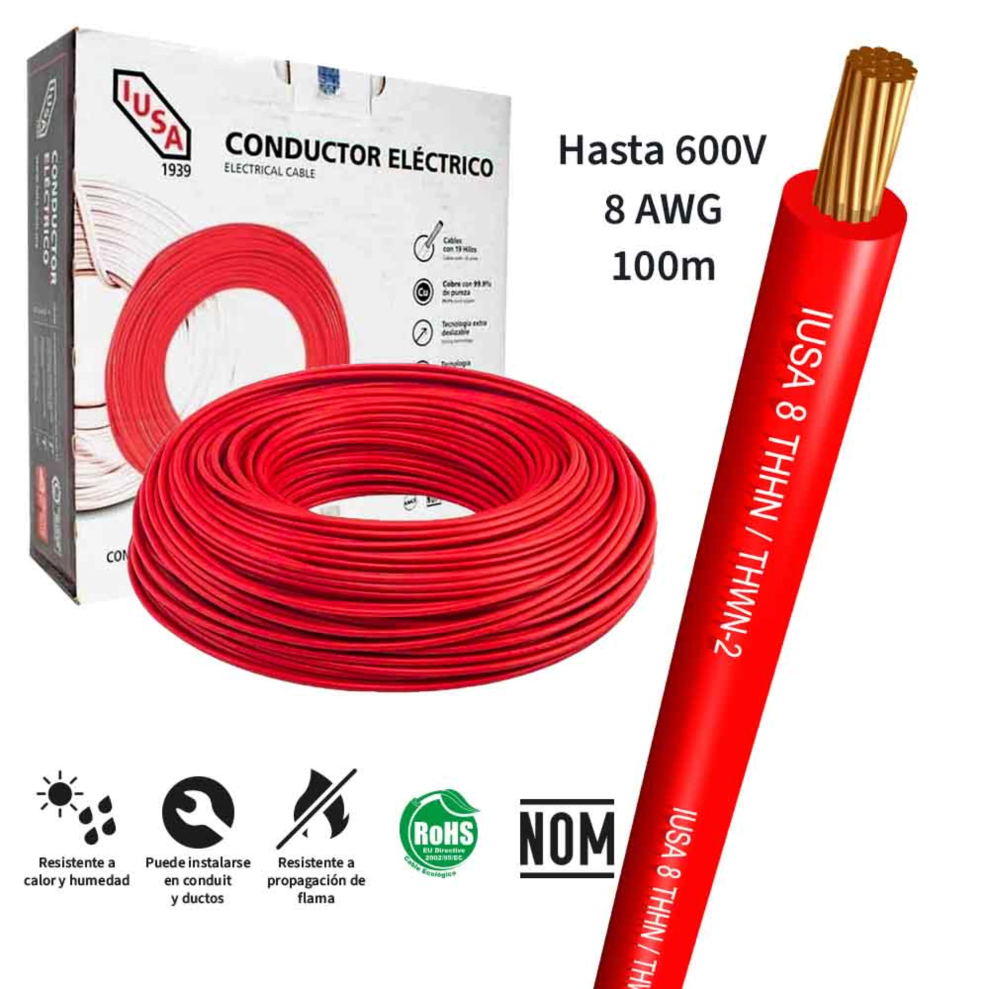 Cable eléctrico THHW-LS calibre 8 AWG rojo rollo 100 m – IUSA 399352 ferretería onofre