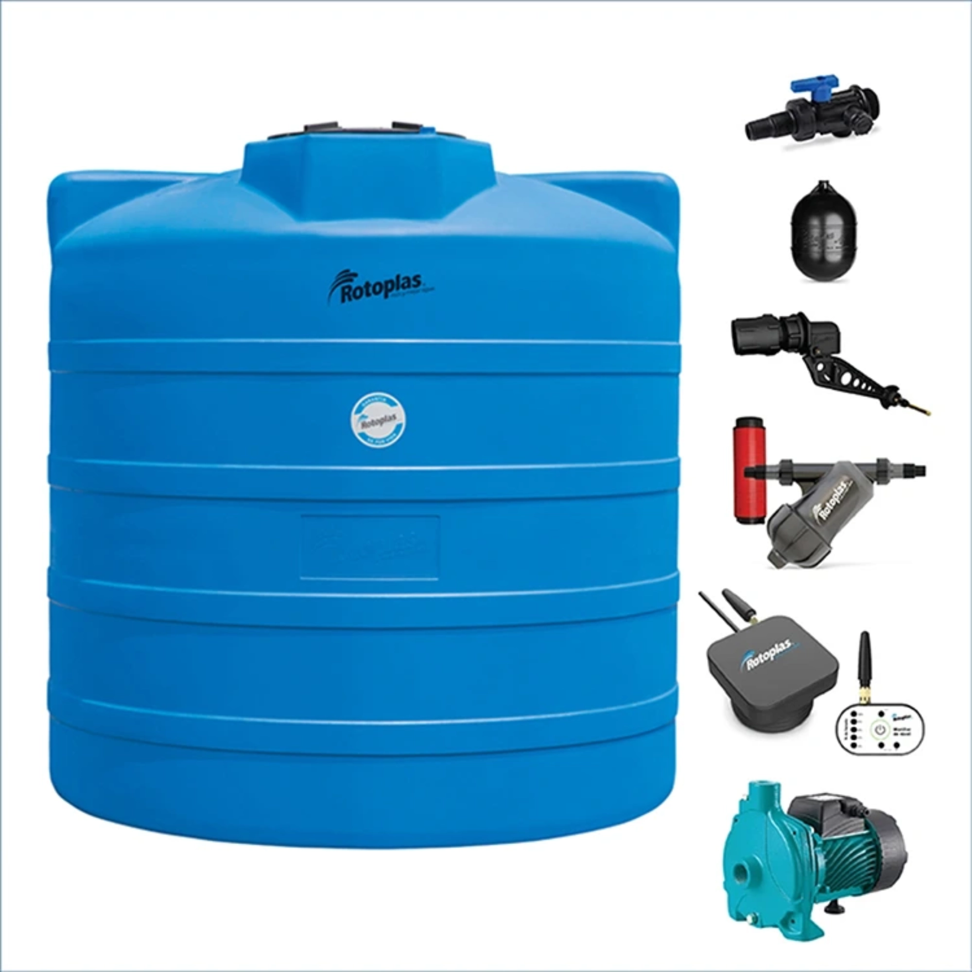 Cisterna Rotoplas 10,000 L equipada con bomba 1/2 HP