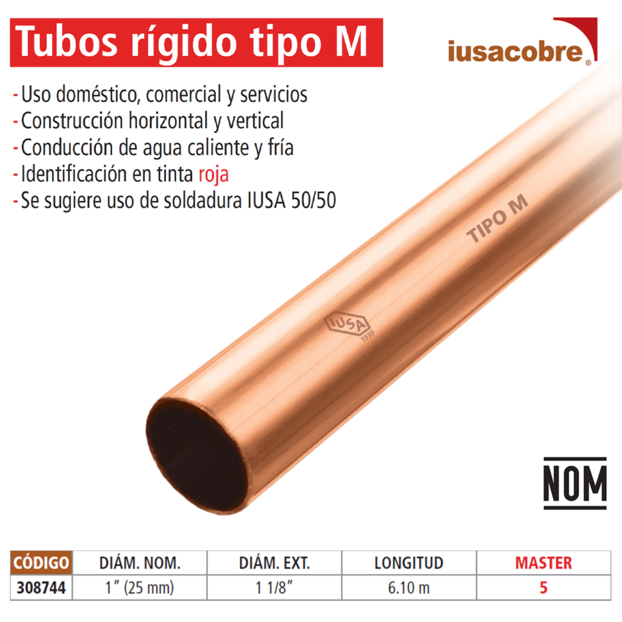 Tubería de cobre rígida tipo M 1 pulgada tramo 6.10 m – IUSA Cobre 308744 ferreteria onofre Tubería de cobre rígida tipo M 1 pulgada tramo 6.10 m – IUSA Cobre 308744
