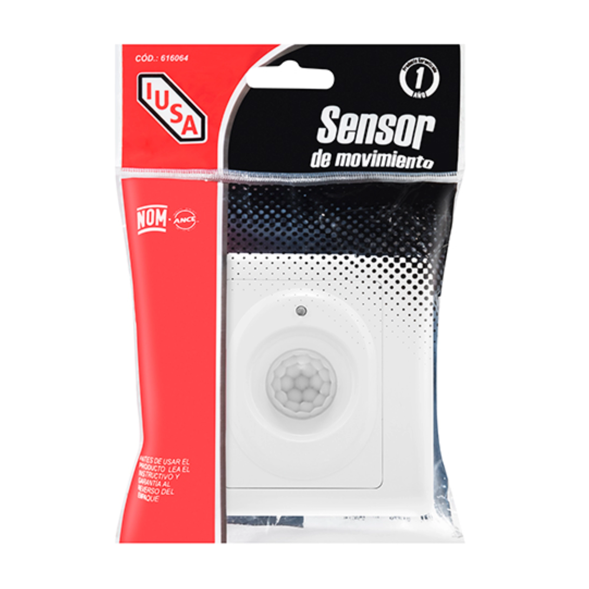 Sensor de movimiento para techo de interior 8 m 125–250 V – IUSA onofre Motion sensor package with red and black design, showing the words 'Sensor de movimiento' on the front