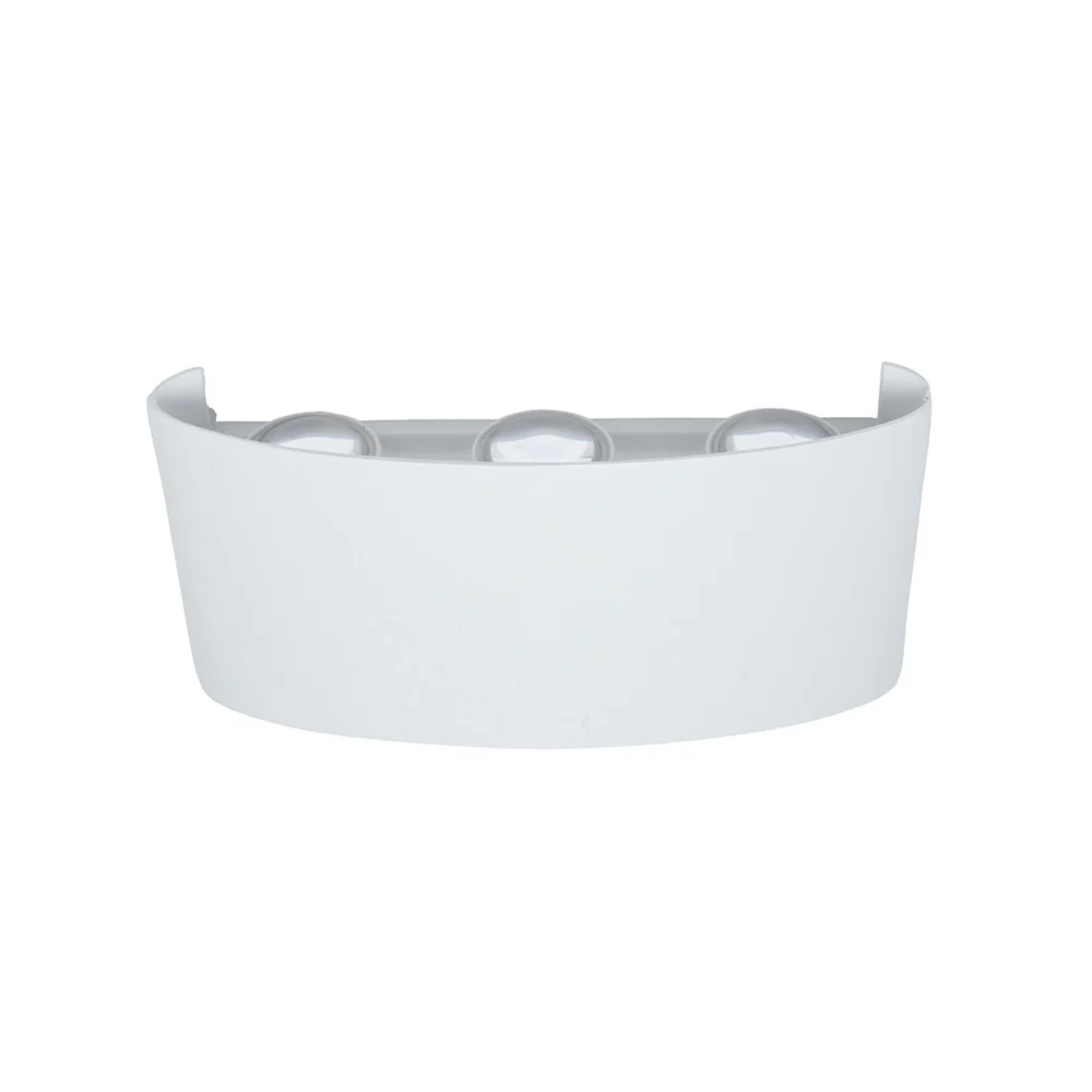 Arbotante LED 6 W BOX 3D – Boomer ferreteria onofre Bottom half of a white curved plastic object with six circular indents along the top edge, viewed from below.
