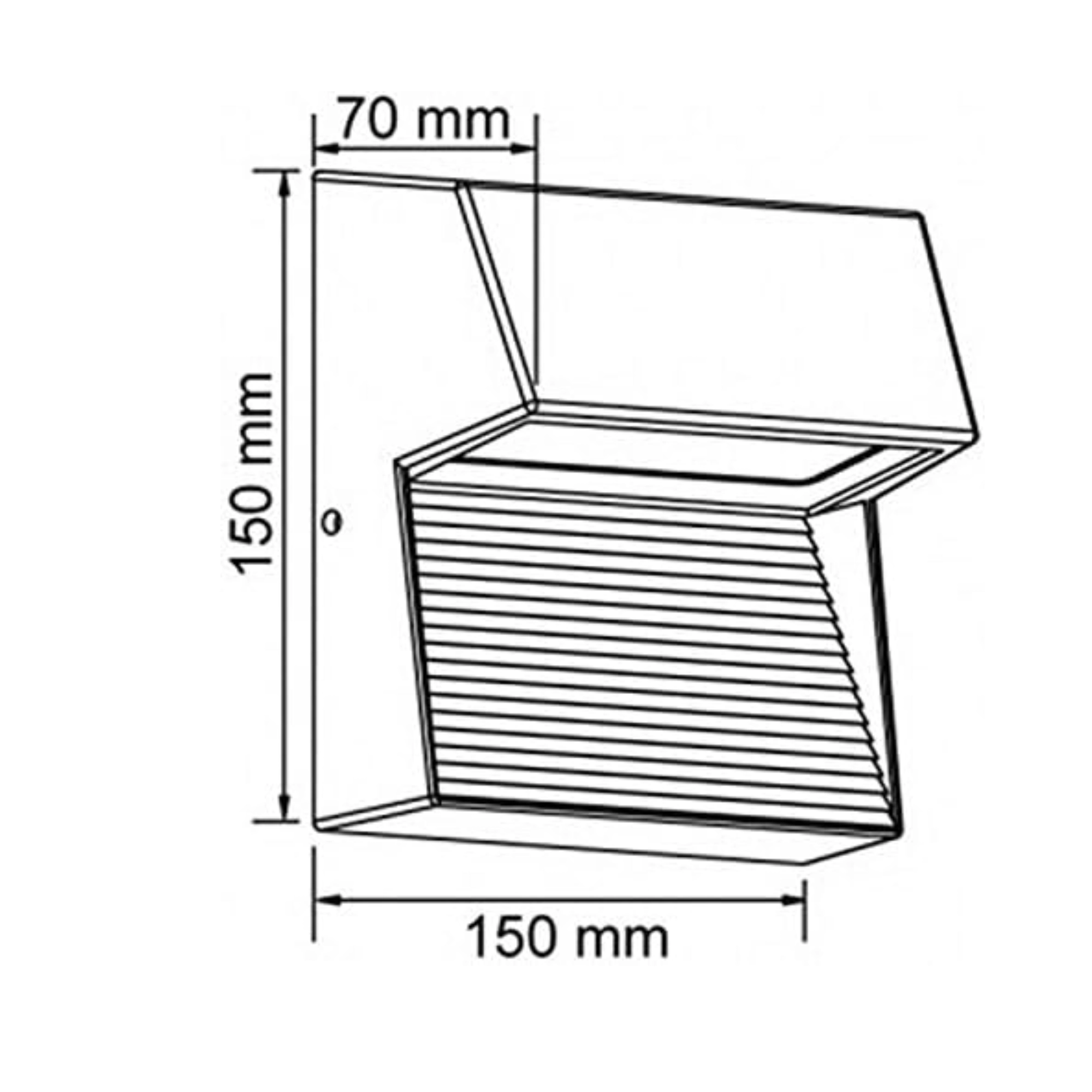 Luminario LED de muro exterior 3 W COPOS satinado – Tecnolite onofre Isometric diagram of a rectangular box with an open lid, showing dimensions: 150 mm wide and 150 mm tall, with a 70 mm top segment noted.