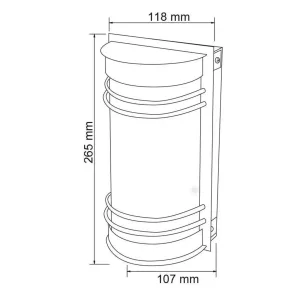 Vertical cylindrical housing containing a helical coil; overall height 265 mm, base width 107 mm, top width 118 mm (engineering drawing).