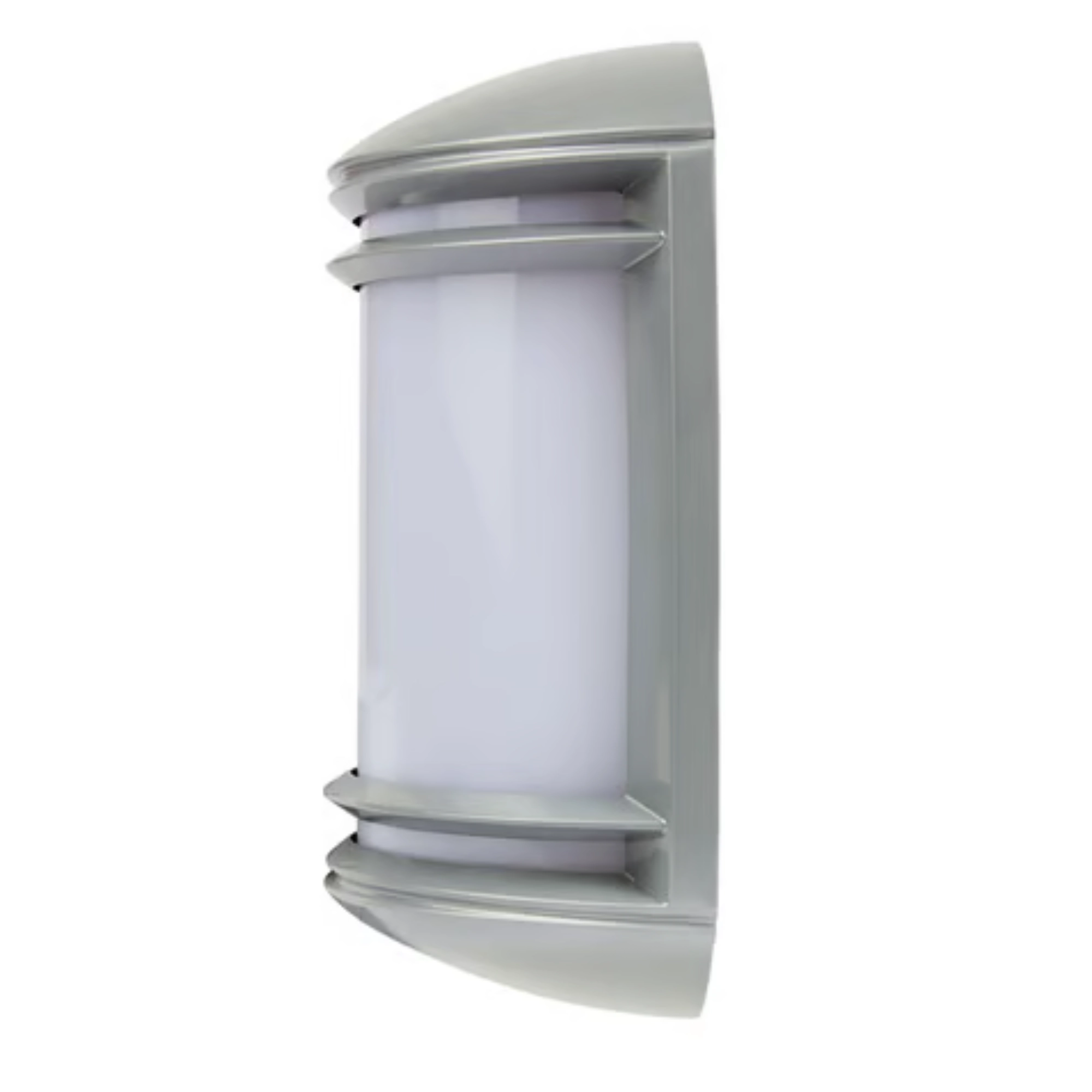 Luminario de muro sobreponer satinado 15 W URBINO – Tecnolite onofre ferretería Close-up of a cylindrical outdoor light fixture with frosted glass and horizontal metal louvers on a vertical post