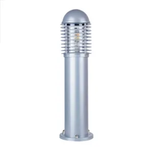Tall silver outdoor street lamp with a dome top and stacked metal rings around the glass enclosure