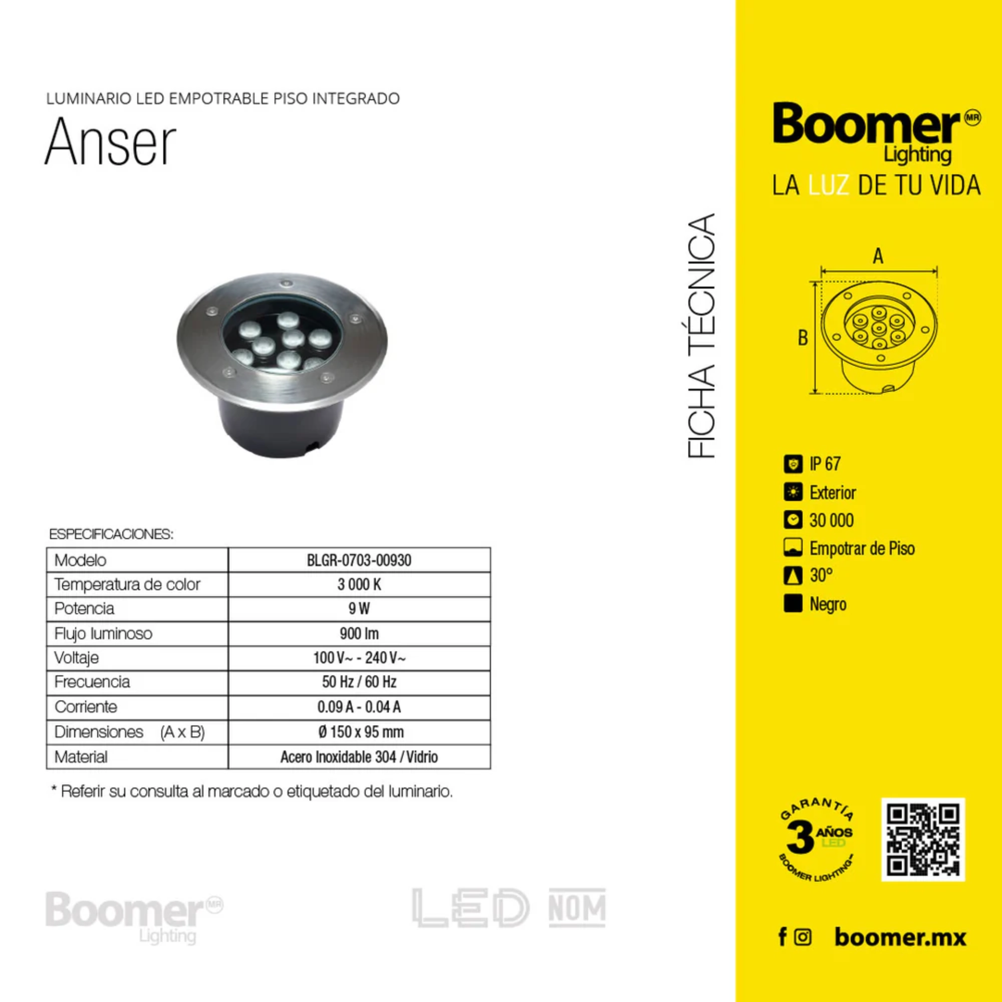 Luminario empotrable de piso 3 W ANSER – Boomer onofre ferretería Luminario empotrable de piso ANSER de Boomer, Ø 100 × 90 mm, IP 67