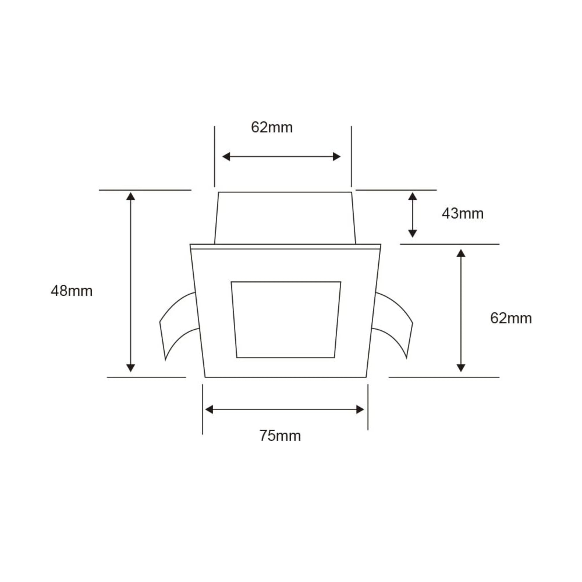 Luminario empotrado de techo para halógeno 50 W ALBA – Tecnolite ferreteria onofre Engineering line drawing of a tapered cup with side handles, showing dimension arrows and measurements (e.g., overall width 75 mm, vertical dimensions 48 mm on the left and 62 mm on the right).