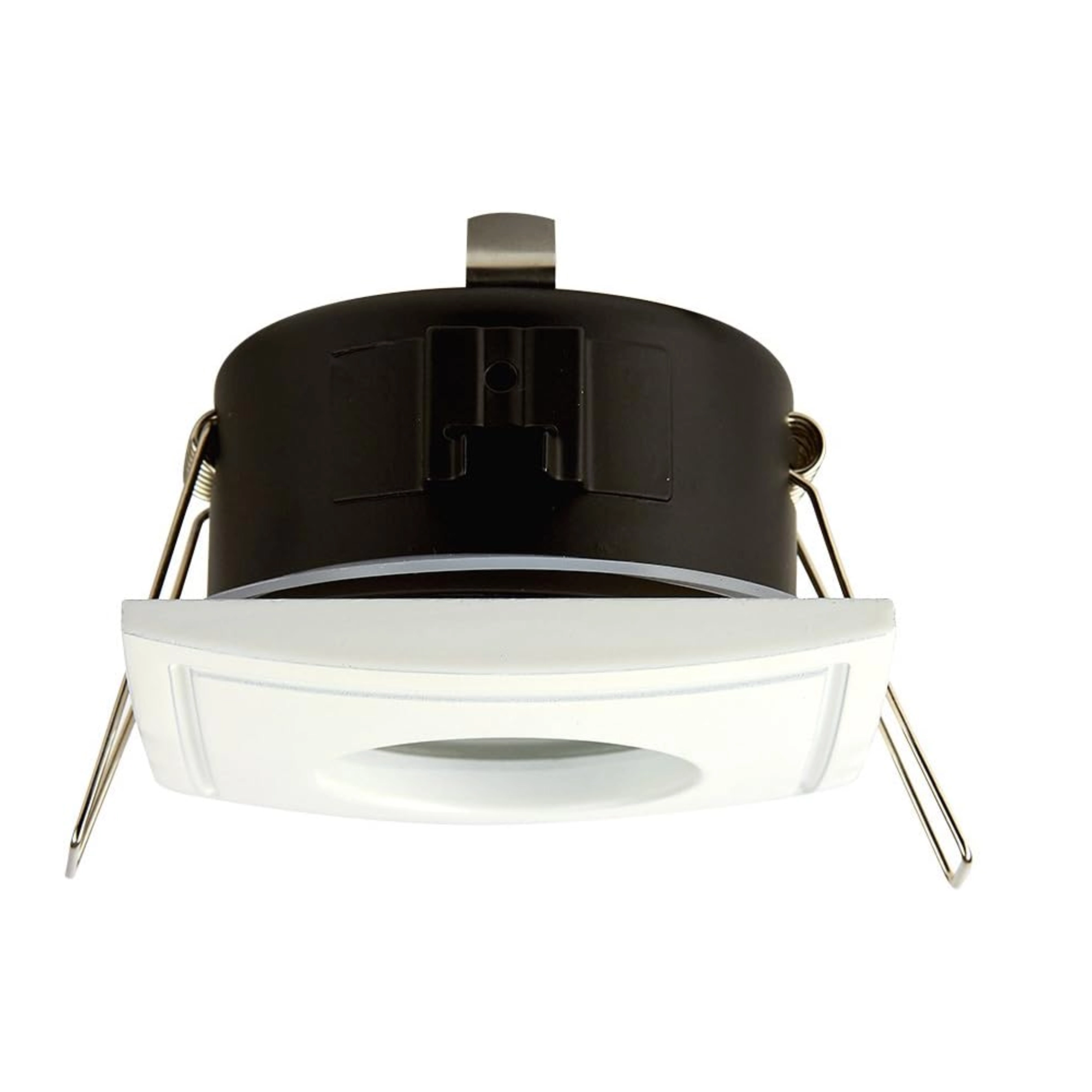 Luminario empotrado de techo para halógeno 50 W blanco – Tecnolite onofre Ceiling-mounted pendant light with a black cylindrical housing and a white curved shade.