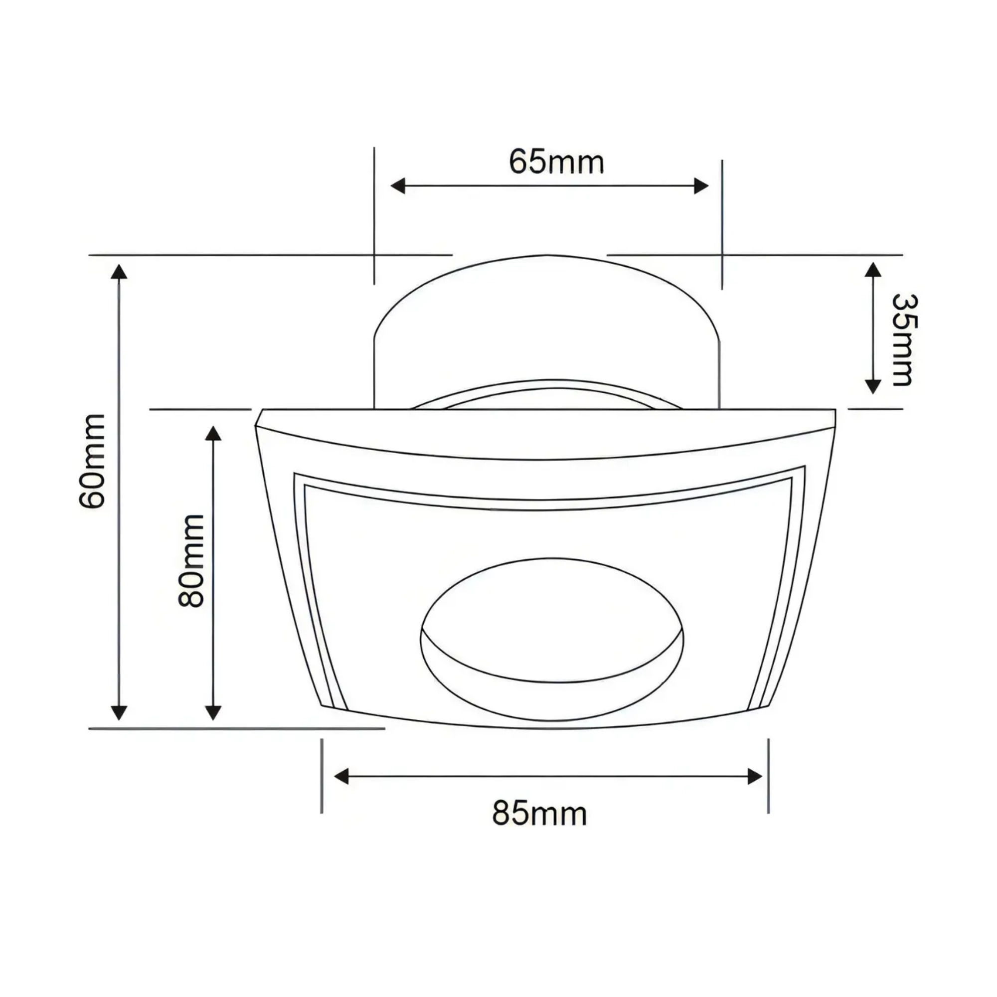 Luminario empotrado de techo para halógeno 50 W satinado – Tecnolite onofre Technical line drawing of a curved container (cup) with dimension arrows showing overall width 85 mm and various heights/widths (65 mm) across the top.
