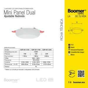 Product datasheet for Boomer Lighting Mini Panel Dual Adjustable Round, showing specs table and yellow branding panel on the right.