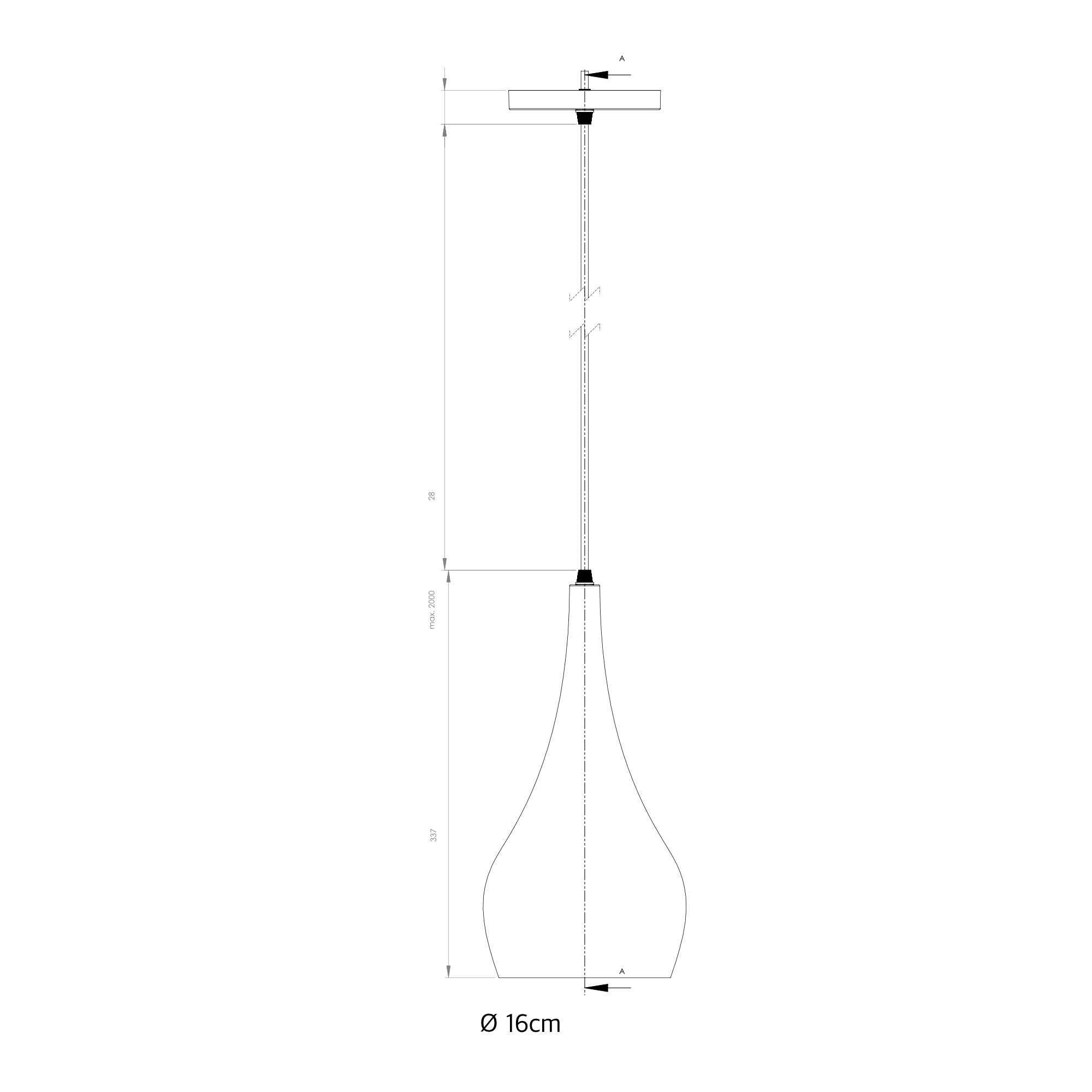 Luminario colgante para interior Ø 17 cm x H 120 cm – Negro – Maxxi ferreteria onofre Technical drawing of a lamp with a 16 cm diameter bulb, showing dimensions and a hanging fixture.