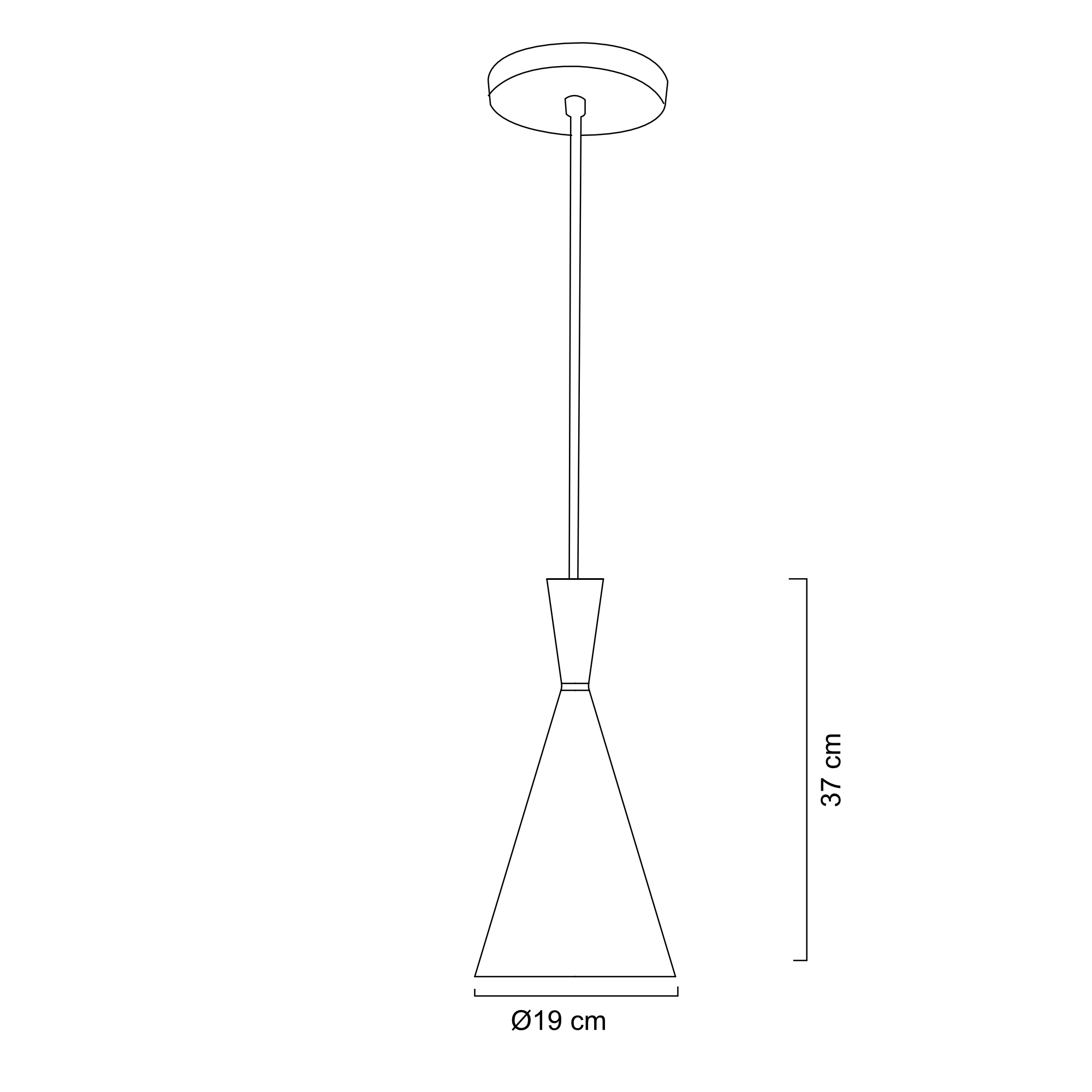 Luminario colgante para interior Ø 19 cm x H 120 cm – Negro : interior dorado – Maxxi ferreteria onofre Line drawing of a floor lamp with a circular shade on a tall stand and a conical base; base diameter Ø19 cm, total height 37 cm.