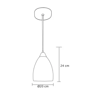Technical drawing of a hanging pendant lamp with a bell-shaped shade, suspended from a ceiling fixture, showing a 24 cm vertical drop and a 20 cm shade diameter.