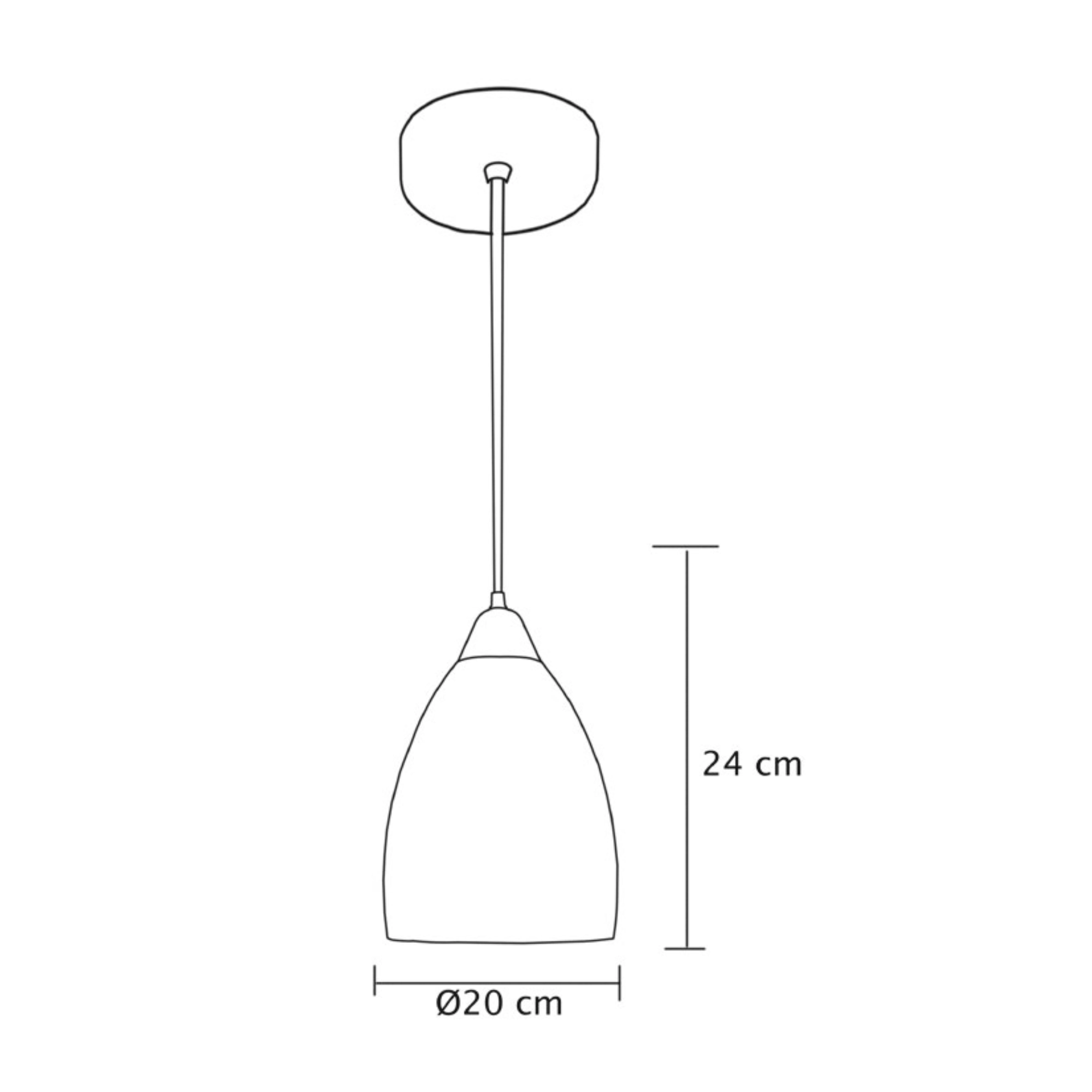 Luminario colgante para interior Ø 20 cm x H 120 cm – Transparente – Maxxi ferreteria onofre Technical drawing of a hanging pendant lamp with a bell-shaped shade, suspended from a ceiling fixture, showing a 24 cm vertical drop and a 20 cm shade diameter.