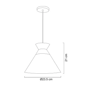 Technical line drawing of a pendant lamp with a circular shade, long vertical stem, and base; overall diameter Ø23.5 cm and height indicated in the diagram.