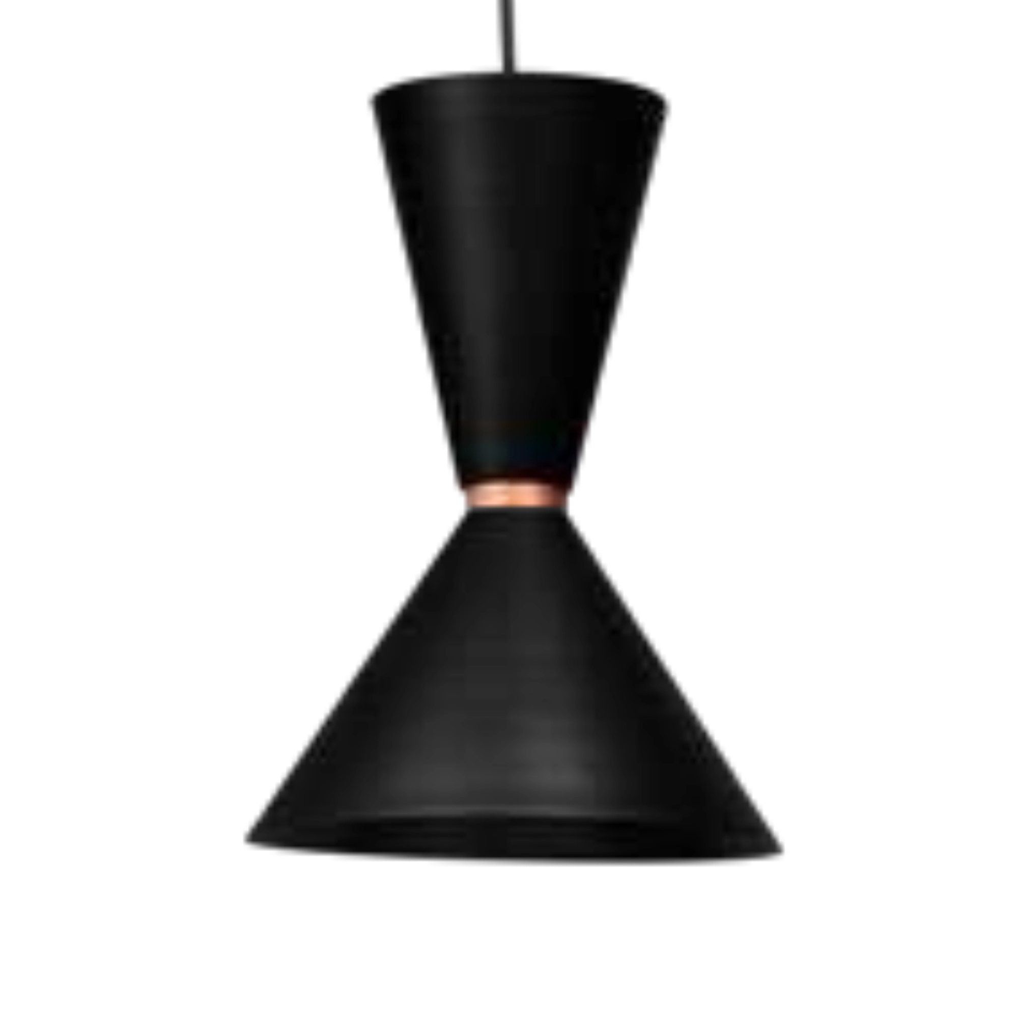 Black hourglass-shaped pendant hanging from a thin string against a white background.