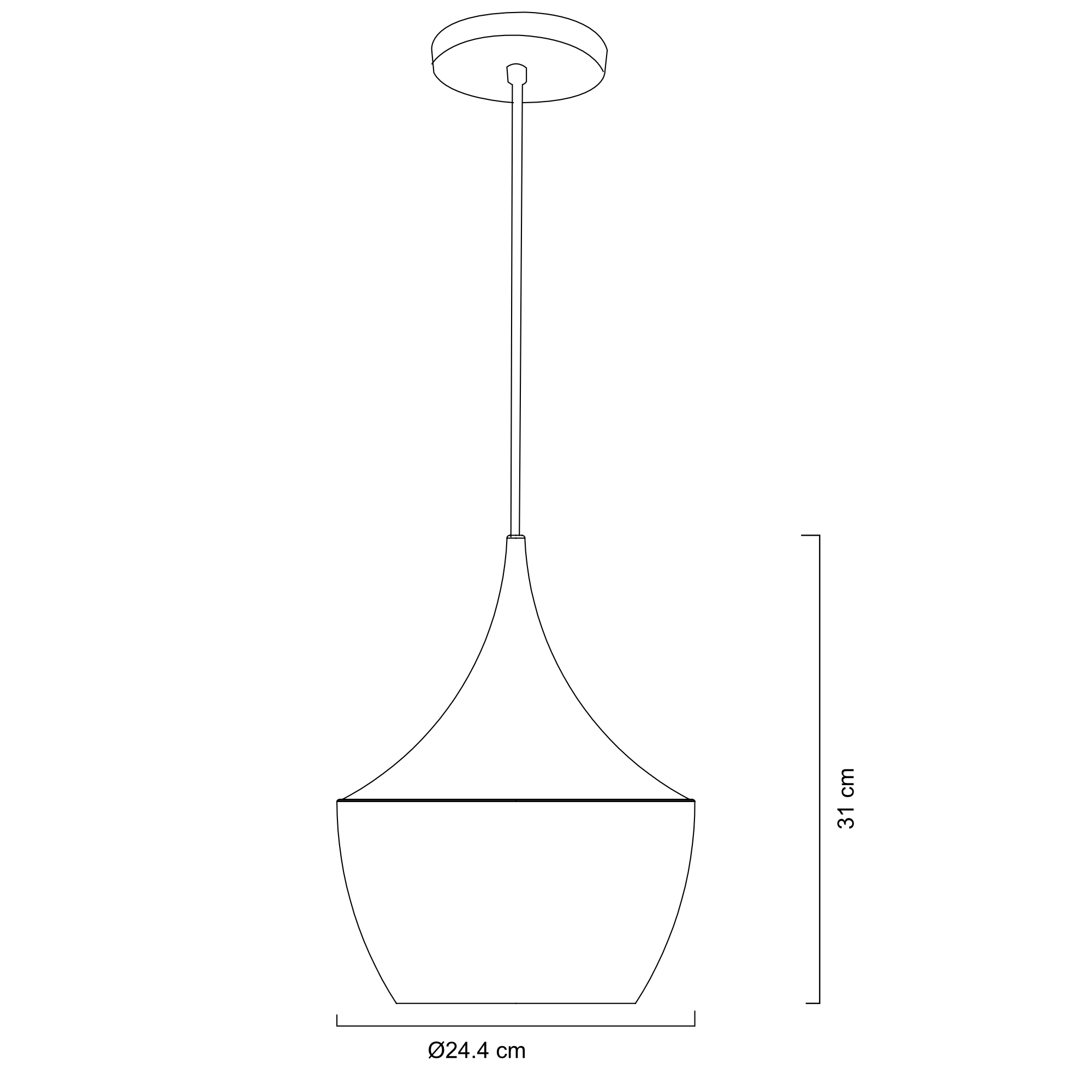 Luminario colgante para interior Ø 24.4 cm x H 120 cm – Negro : interior dorado – Maxxi ferreteria onofre Line drawing of a tall floor lamp with a curved base, slender vertical stem, and a circular lampshade on top; dimensions show a base diameter of 24.4 cm and overall height around 31 cm.