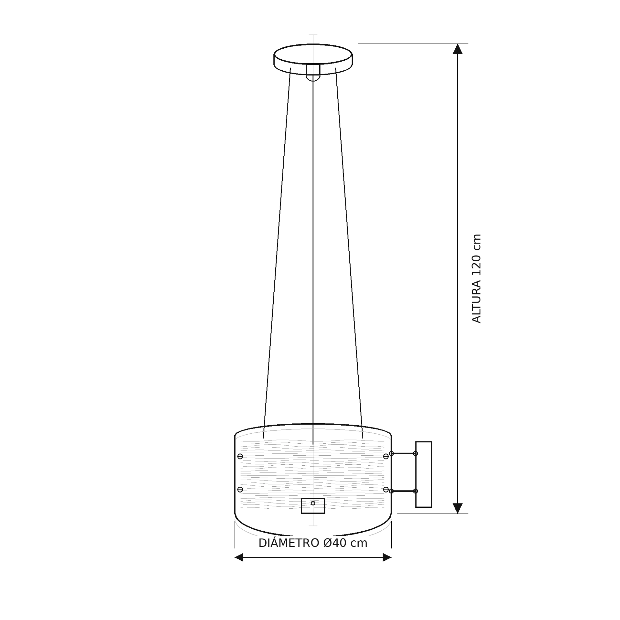 Luminario colgante para interior Ø 40 cm x H 120 cm – Vidrio esmerilado : cromado – Maxxi ferreteria onofre Technical schematic of a vertical cylindrical tank, 40 cm diameter and 120 cm tall, with inlet/outlet connections shown on the side.
