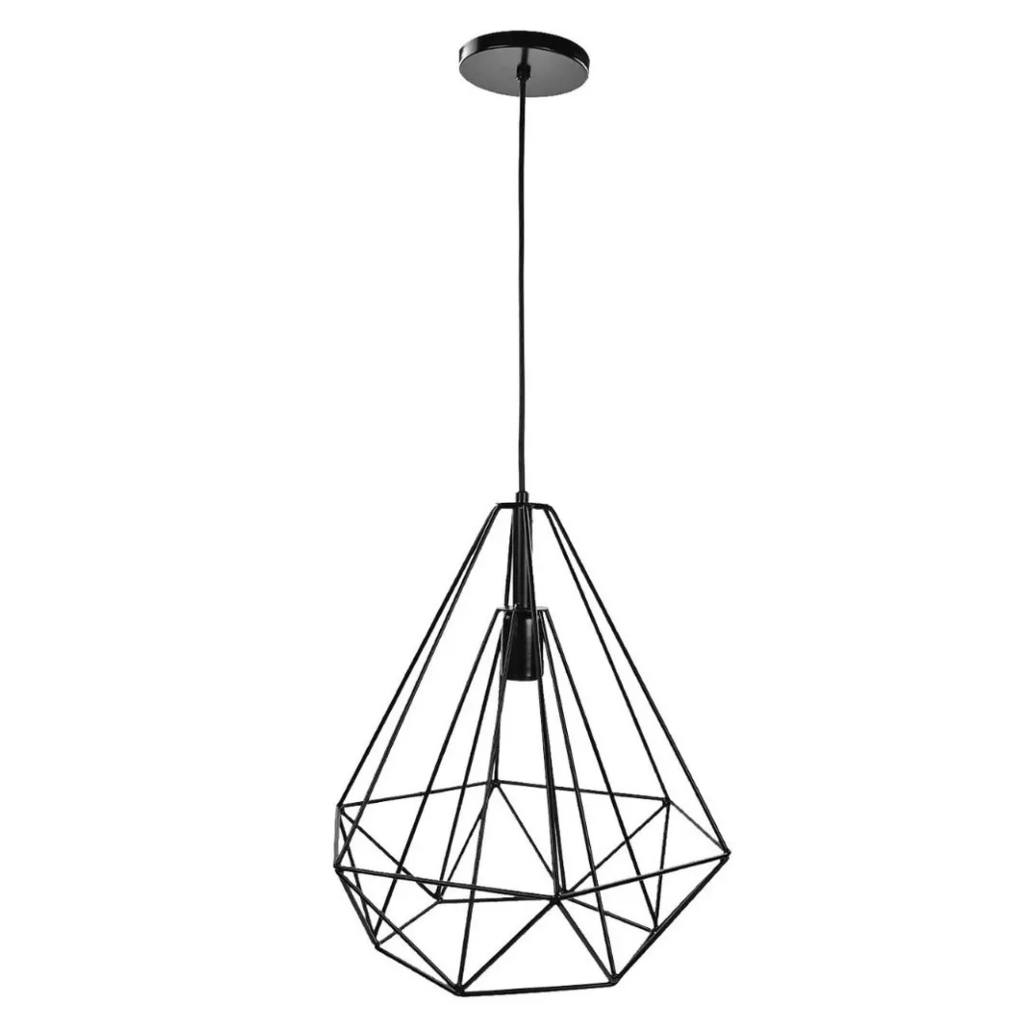 Black metal geometric pendant lamp with a wireframe cube cage, hanging from the ceiling against a white background, unlit.
