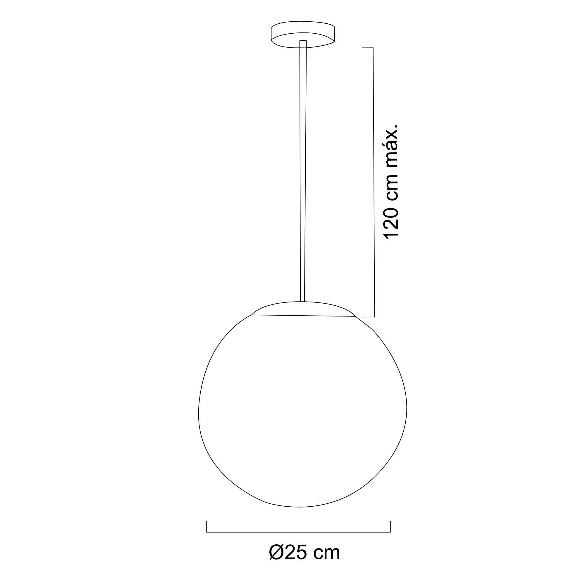 Luminario colgante para interior Vidrio Ø 25 cm x H 120 cm – Cobre – Maxxi ferreteria onofre Line drawing of a floor lamp with a round base, slender vertical stem, and circular lampshade; annotations indicate a maximum height of 120 cm and base diameter of Ø25 cm.