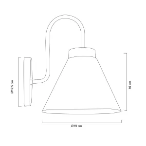 Line drawing of a teapot with a curved handle and spout, with dimension annotations showing diameters of 12.5 cm, 16 cm, and 19 cm.