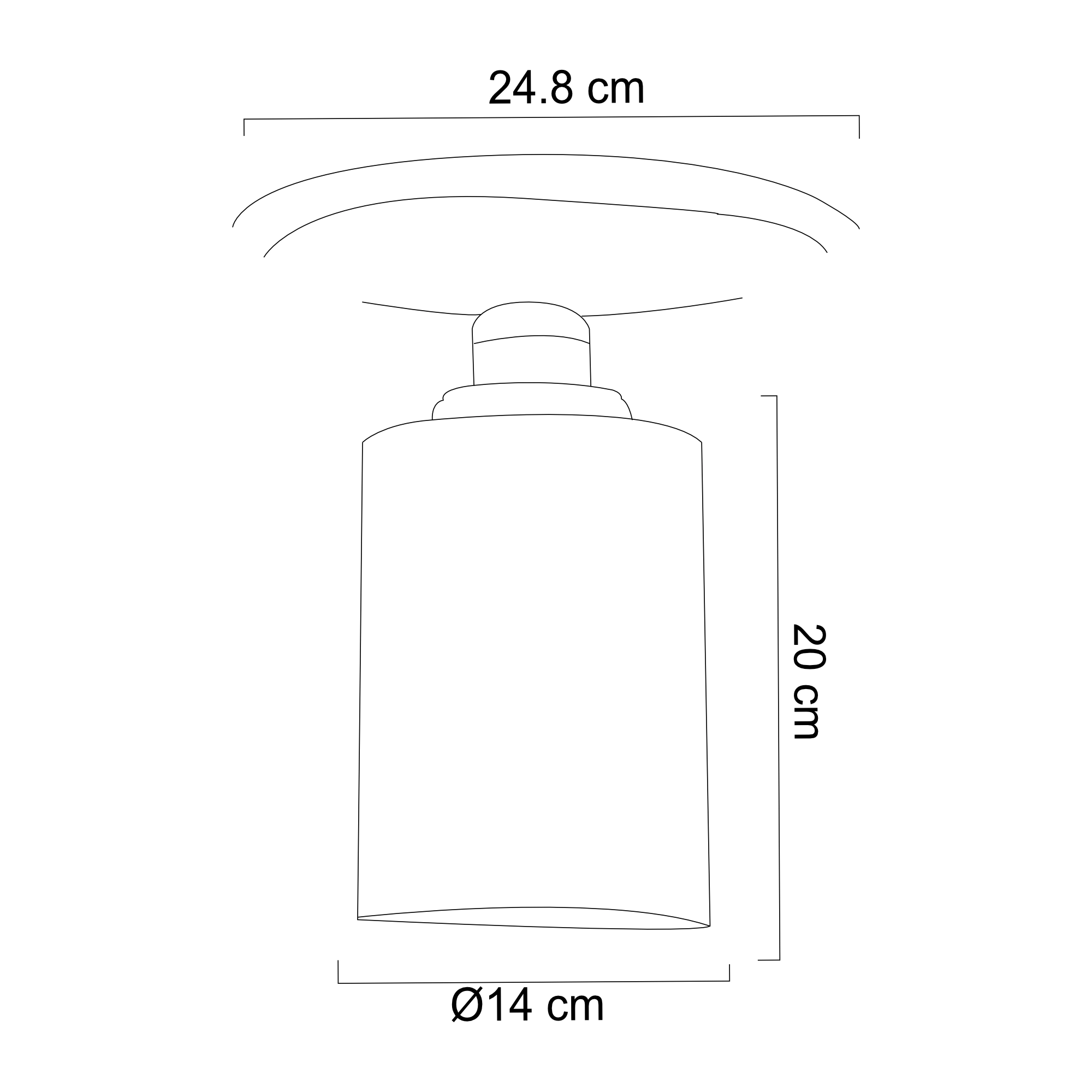 Luminario de techo plafón para interior Ø 32 cm x H 39 cm – Negro – Maxxi ferreteria onofre Technical line drawing of a tall cylindrical bottle with a rounded base, narrow neck and cap, with dimensions showing a 14 cm diameter and a height around 20 cm.